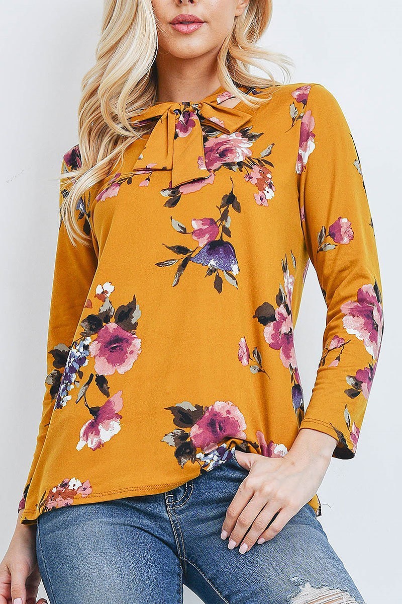 Tie neck detail floral print long sleeve top (EF2105)