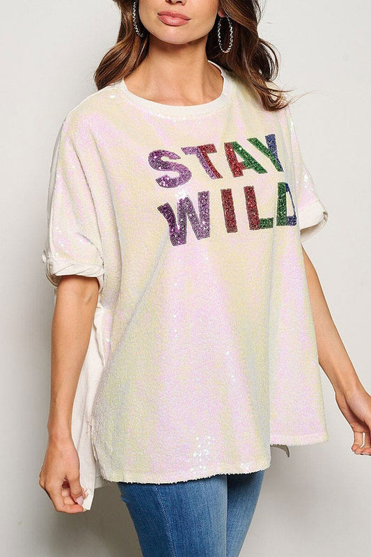 Short sleeve stay wild sequins graphic blouse top (EGWT1187)