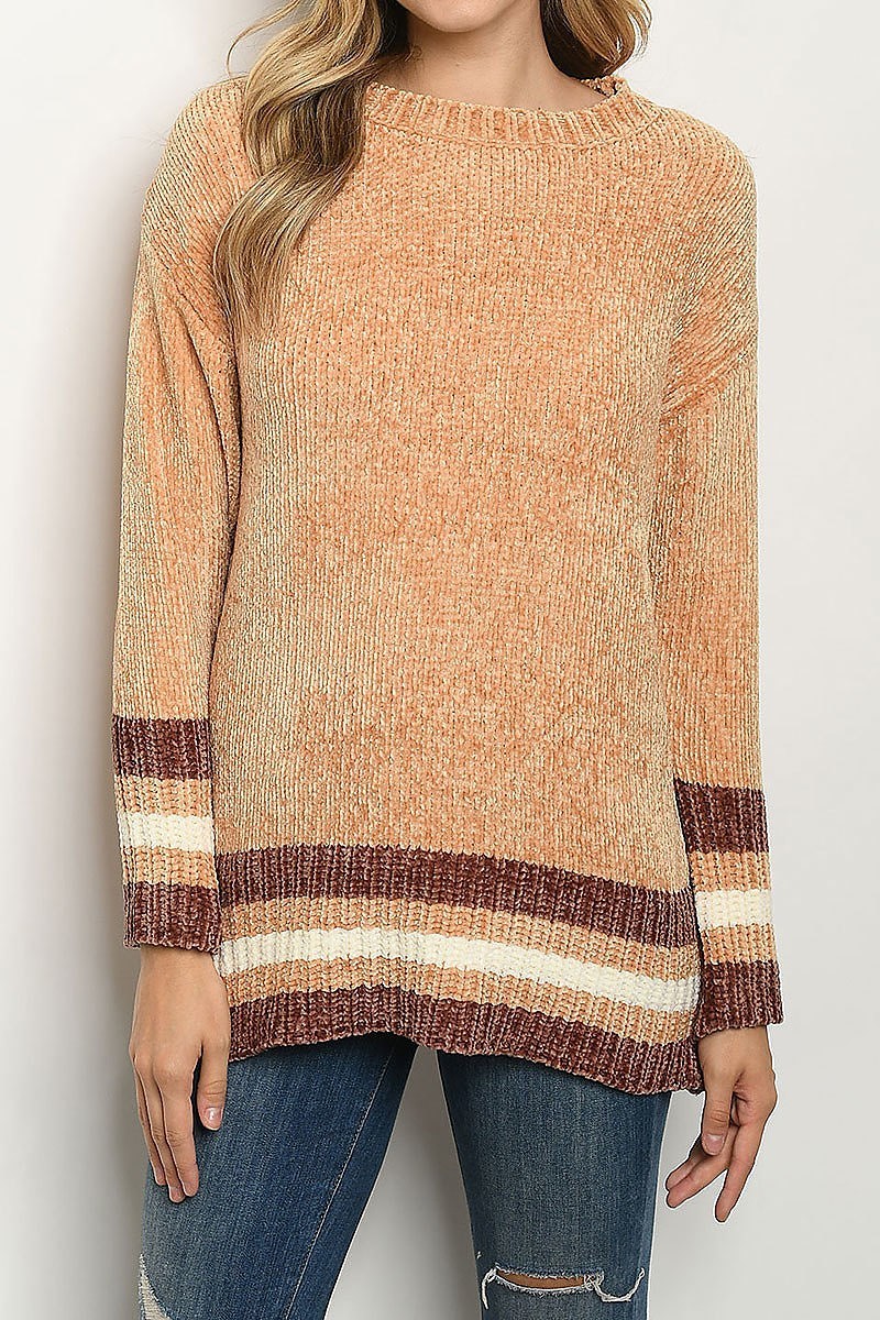 Crew neck color block chenille sweater (DGS4682)