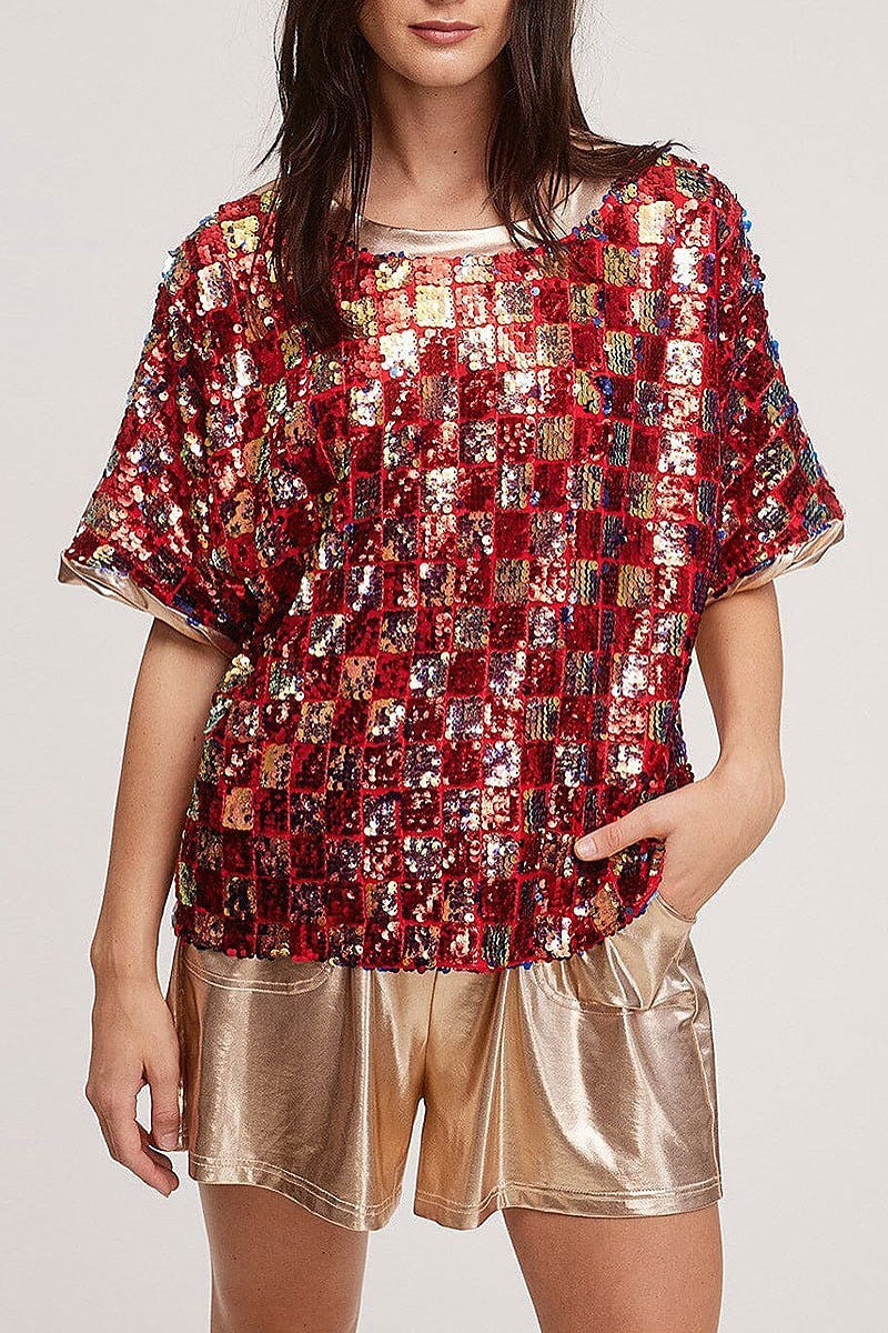 Short sleeve sequins multi top (EFWT5481)