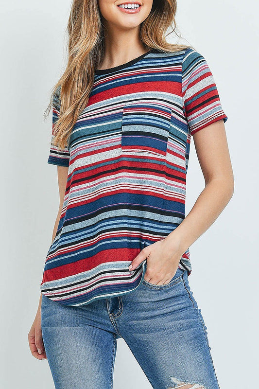 Short sleeve multi color stripe rib pocket top (ED9698)