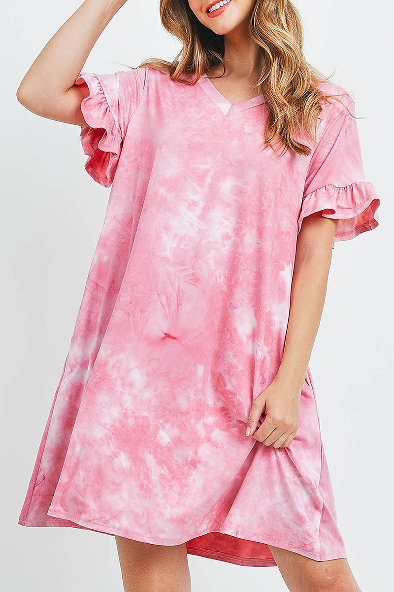 Tie dye ruffle sleeves v neck dress (DED6295)