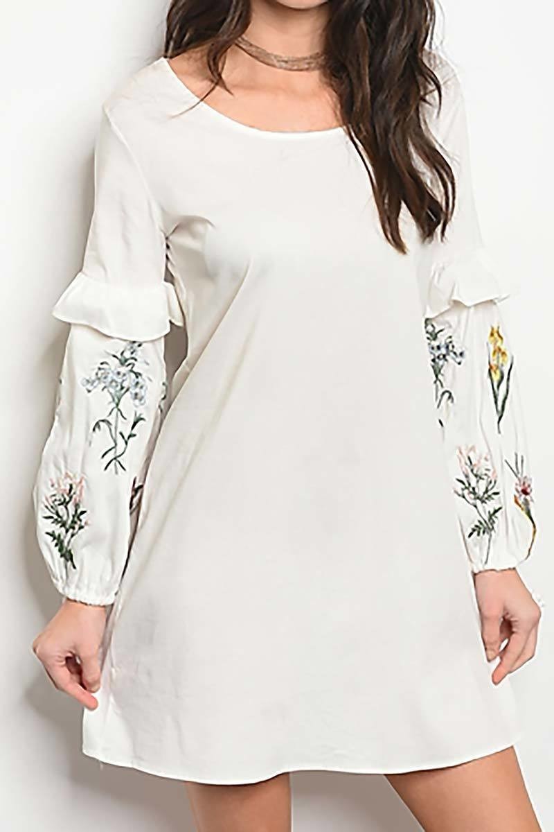 Round neck ruffle detail embroidered sleeve a line dress (DGD8800-MR2A)