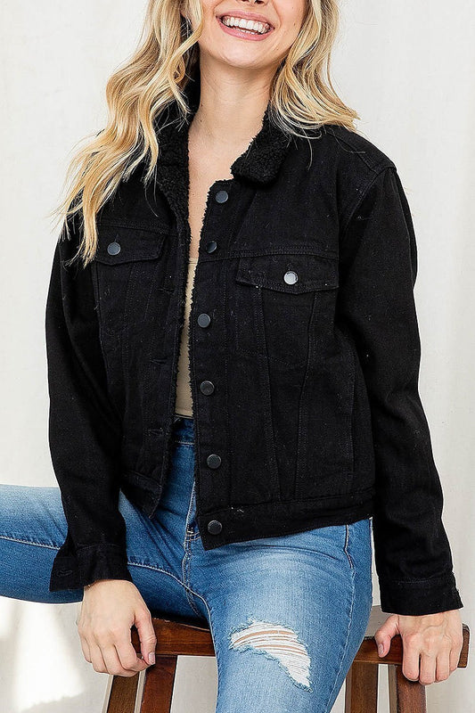 Faux fur contrast button front denim jacket (DGS5627)