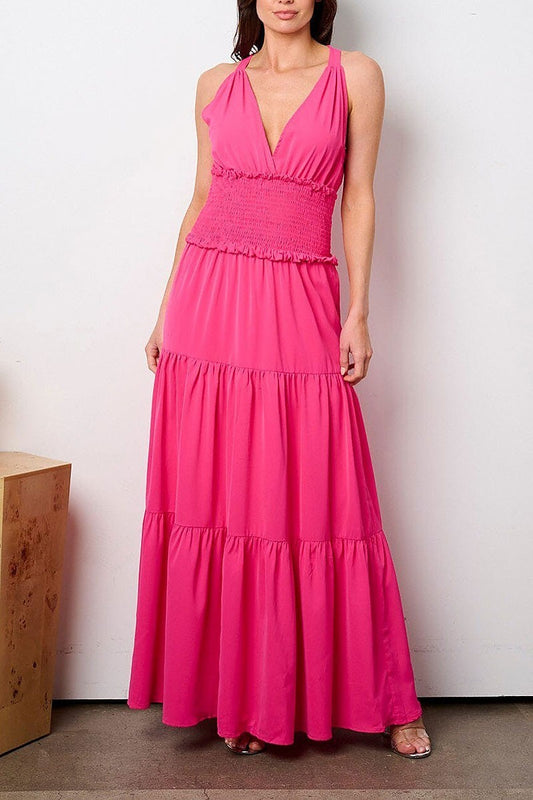 Sleeveless halter neck smock tiered maxi dress (EFWT9380)