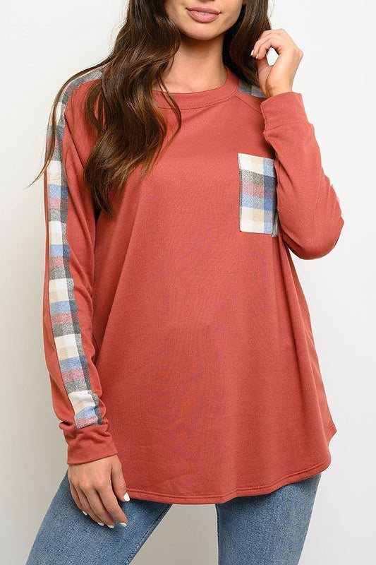 Plaid long sleeve front pocket top (EDWT3177)