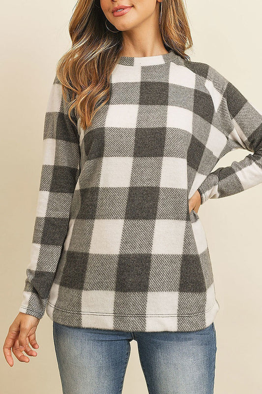 Terry brushed plaid pullover top (ED8079-LAST)