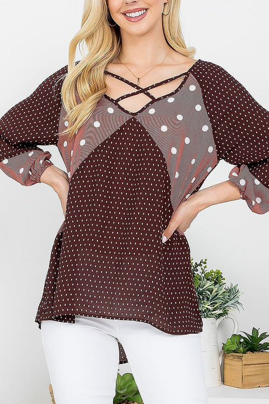 Mix polka dot print crisscrossed neck loose fit top (EF4221)