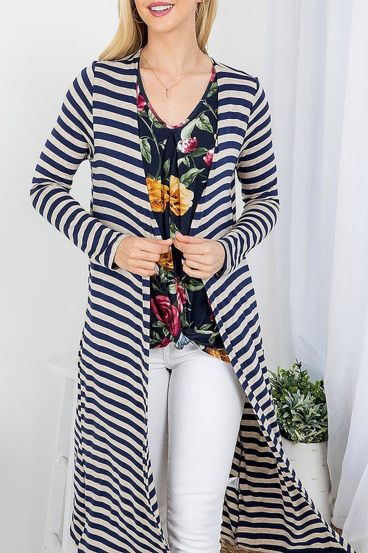 Stripe with floral print front layered top (EF4141)