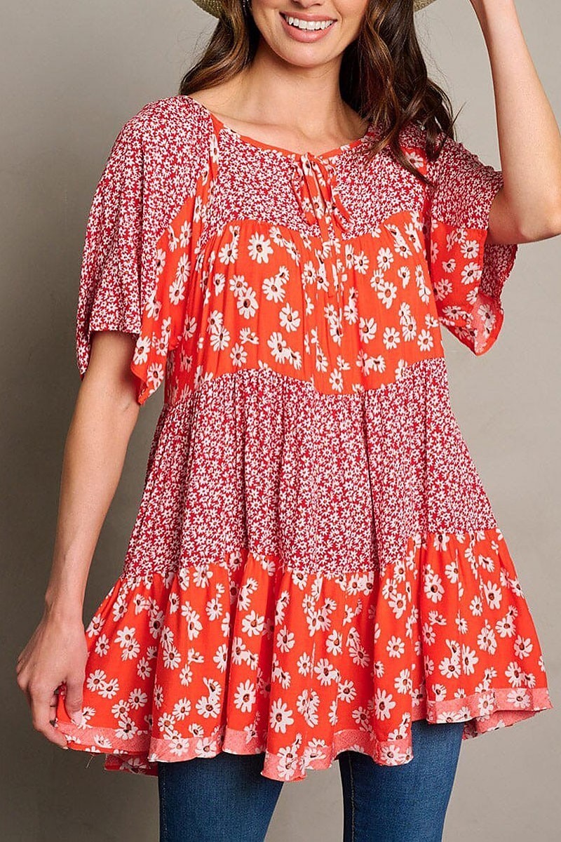 Short sleeve floral pockets tunic blouse top (EGWT2015)