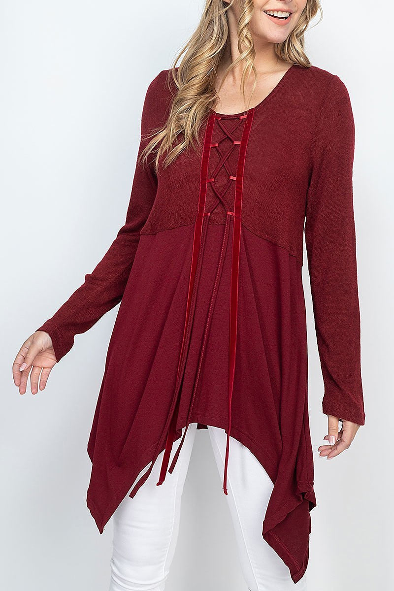 Velvet tape lace up center detail asymmetrical hem tunic top (EF1313)