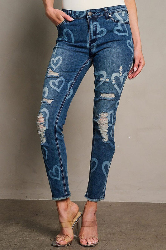 Button closure heart print distress skinny pants (EGWT2053)