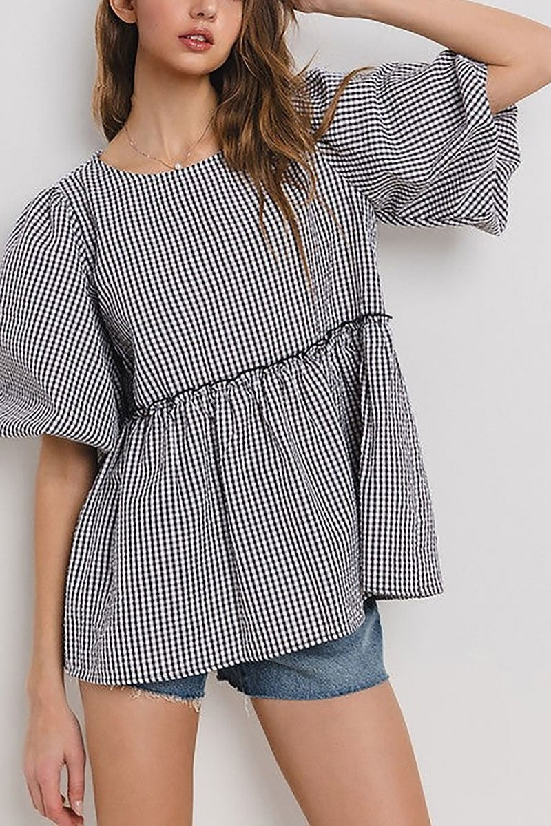 Gingham puff sleeves blouse top (EDSW4492)