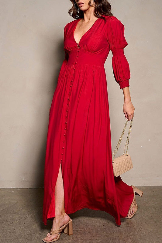 3/4 sleeve v-neck button up maxi dress (EFWT9503)