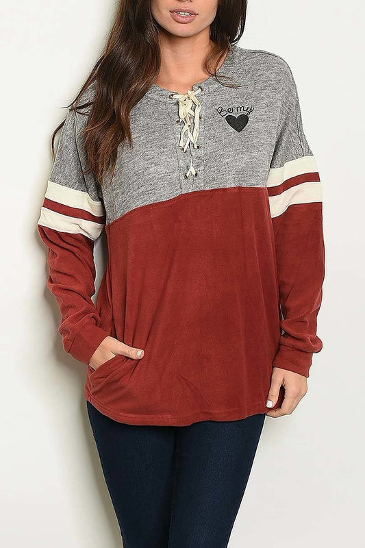 Color block lace up pocket sweater (DGS3605-3)