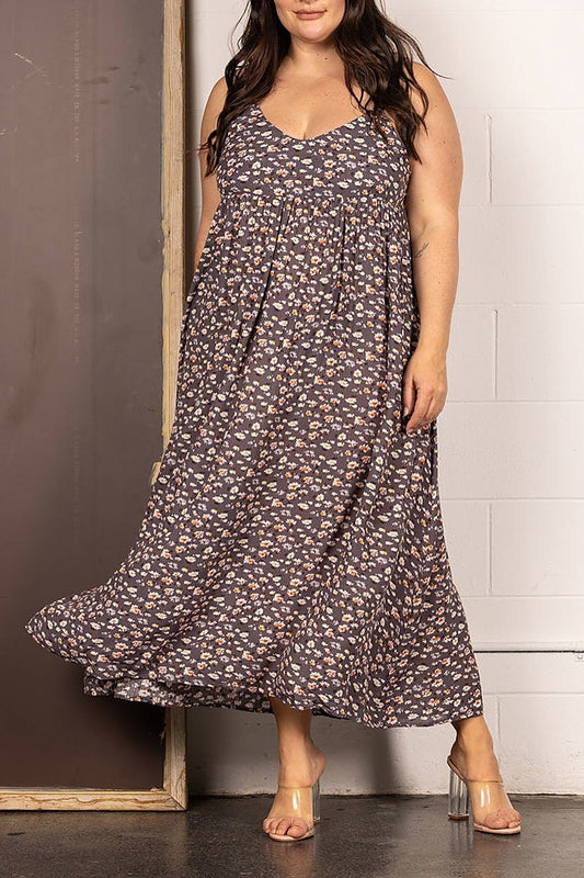 Criss cross floral print plus size maxi dress (EDSW4135)