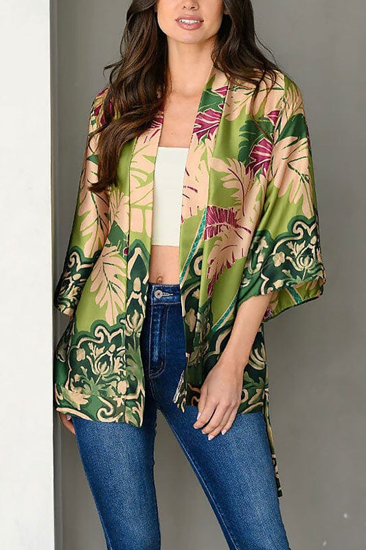 Short sleeve self tie multi print cardigan (EDWT9430)