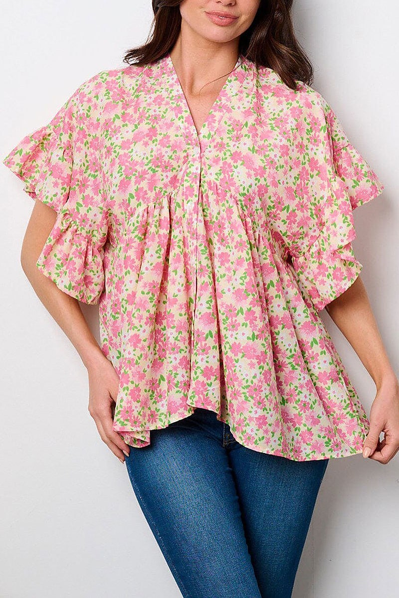 Short sleeve v-neck lace up back floral tunic top (EFWT8951)