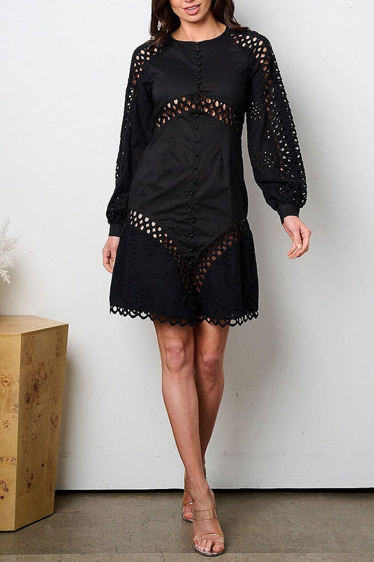 Long sleeve eyelet detailed mini dress (EFWT8982)