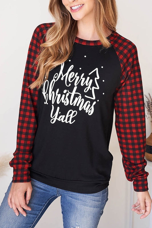 Plaid raglan merry christmas print top (EF2533)