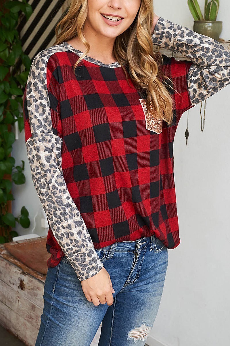 Leopard long sleeve plaid top with sequin pocket (EF2396)