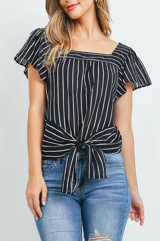 Waist tie flutter sleeve square neck stripe top (ED9935)