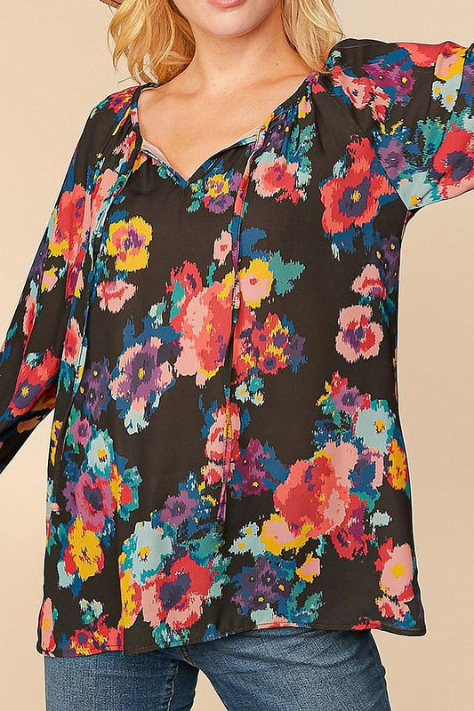 Multi floral front keyhole woven top (ETBM4024)