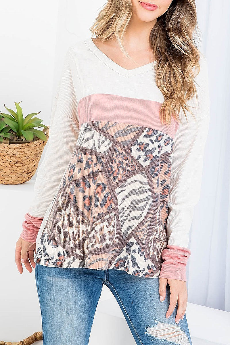 Mix animal print v neck color block top (EF2434)