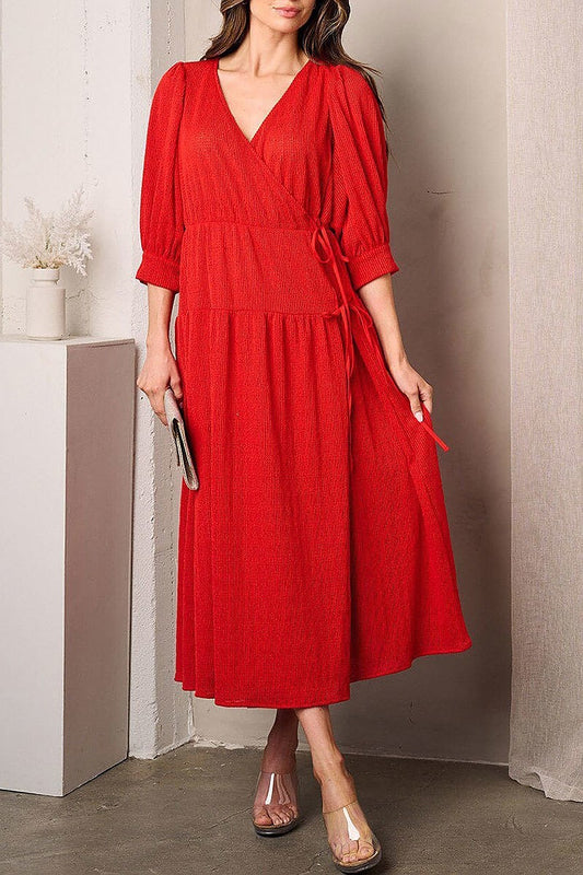 Short sleeve wrap side tie midi dress (EFWT3520)