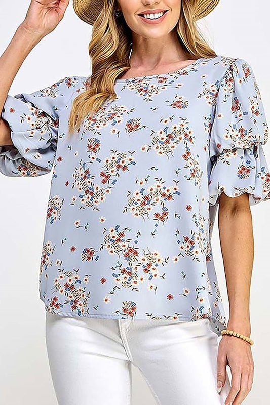 Layered puff sleeve woven floral blouse (EF5830)