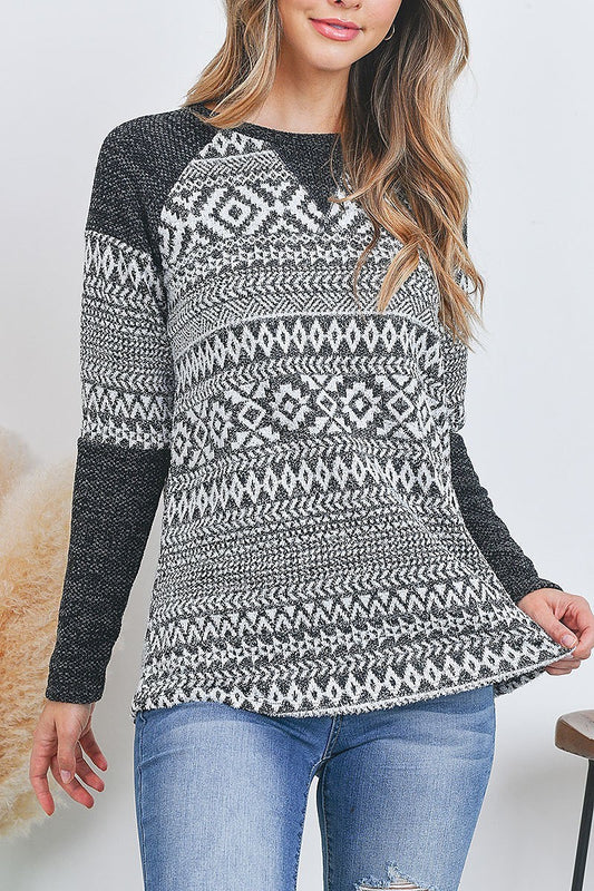 Aztec print long sleeve hacci brush top (EF2699)