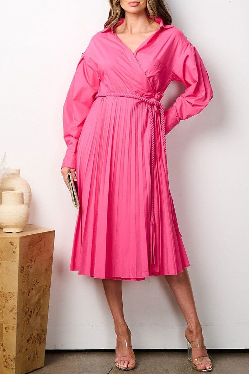 Long sleeve v-neck wrap pleated midi dress (EFWT7780)