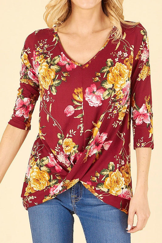 V neck quarter sleeve floral twisted hem top (EF4971)