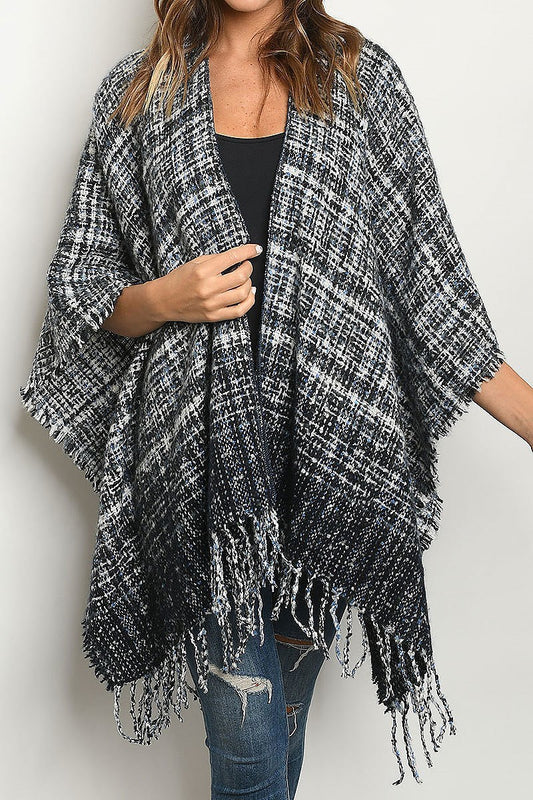 Fringe detail multi plaid poncho (DGS4600-3)