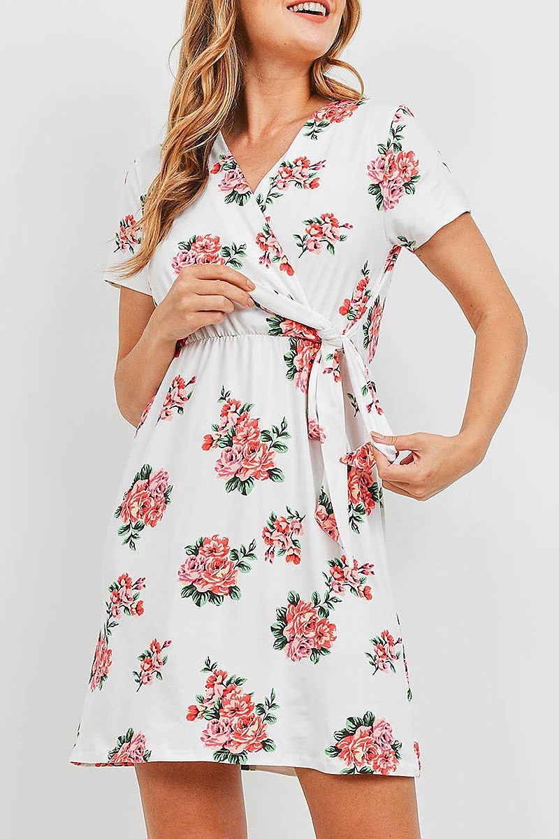 Floral print tie wrap midi dress (DED6393)