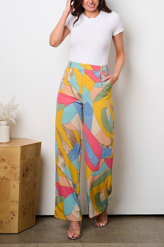 Button closure pockets multi print wide leg pants (EFWT9379)