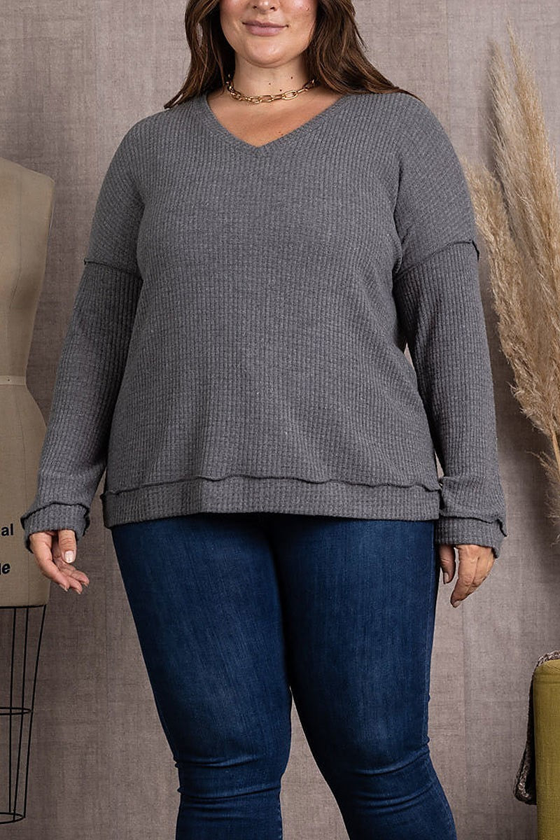 Ribbed knit long sleeves plus size top (EDSW3717)