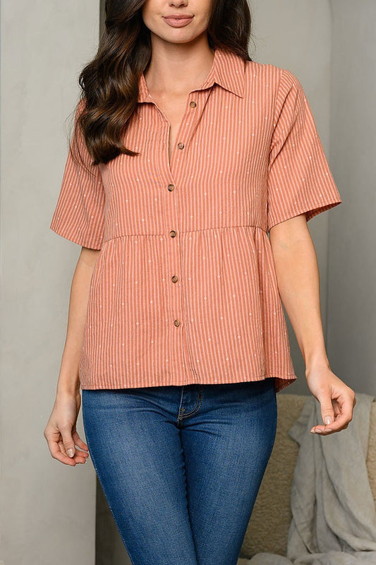 Short sleeve button front collar top (EDWT5633)