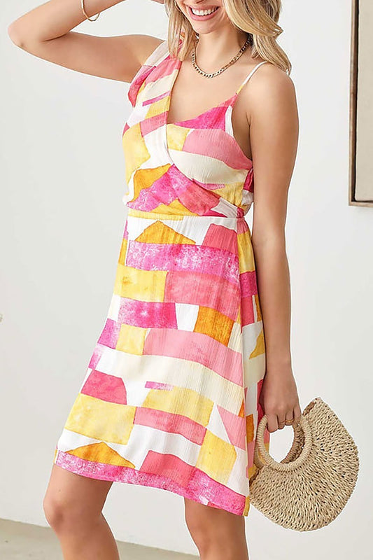 Abstract print wrap front one shoulder tie dress (TED2600)