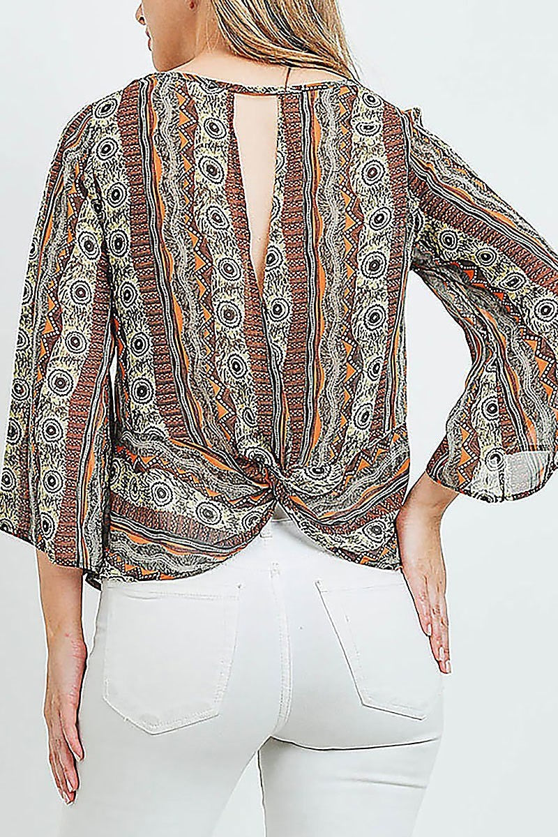 Tribal print open back sheer top (ED9803)