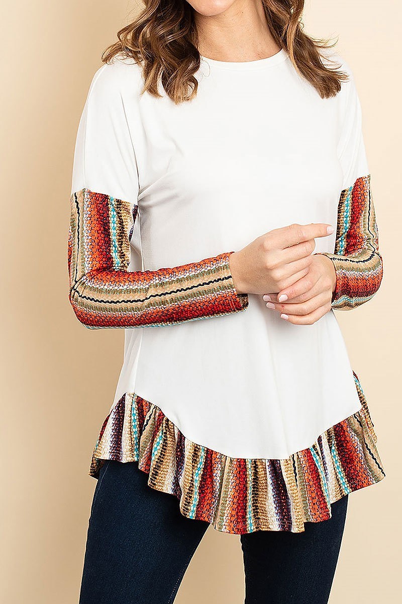 Tribal print ruffle hem color block top (ED8047)