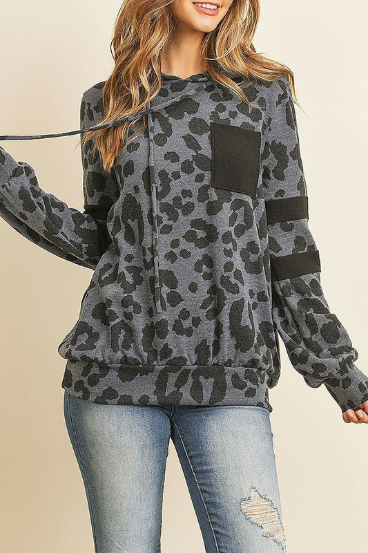 Brushed pocket and sleeved detail leopard print hoodie (ED8145)