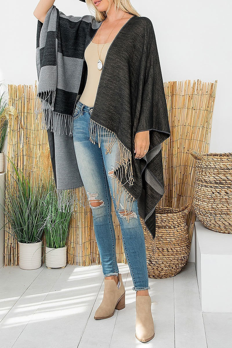 Stripes print fringe open front kimono (DGS6185)