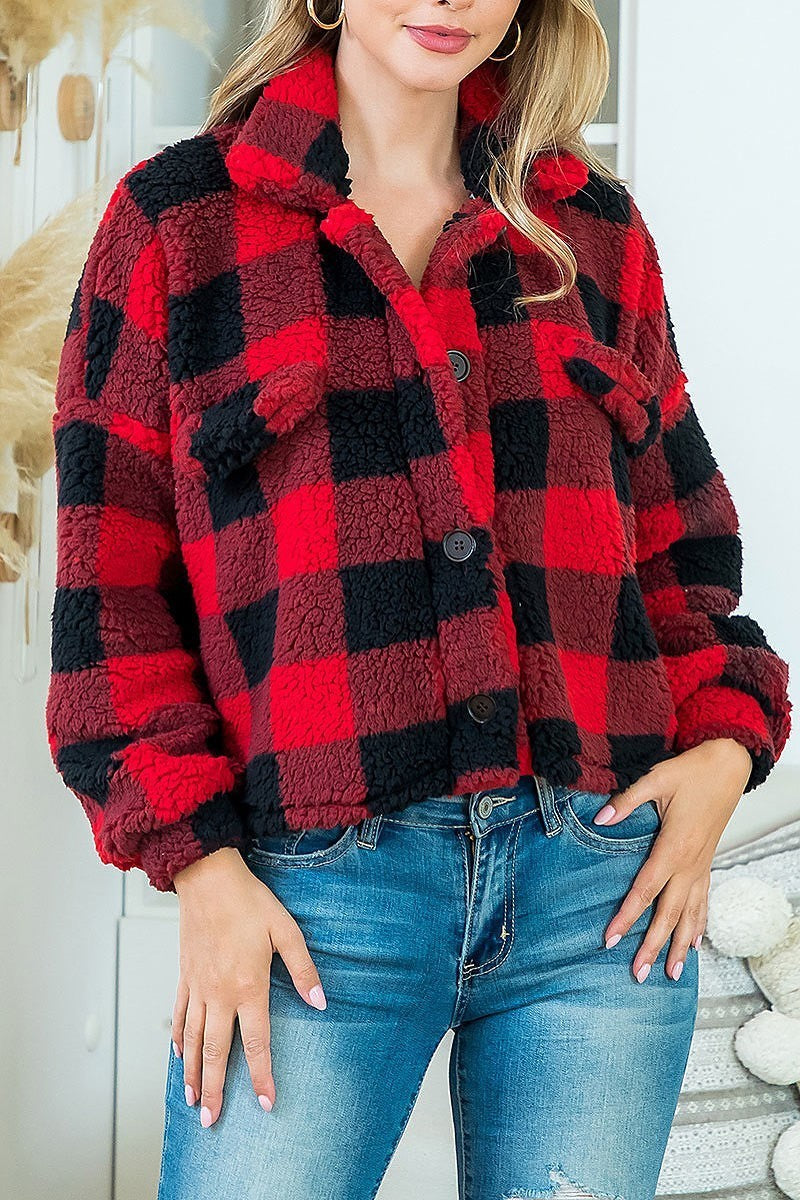 Button detail long sleeve fleece plaid top (DGS5775)