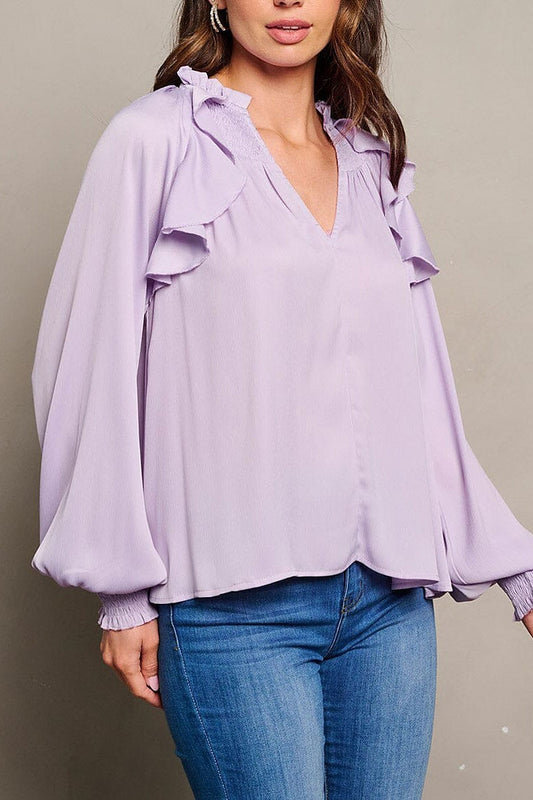 Long sleeve v-neck ruffle blouse top (EGWT1714)