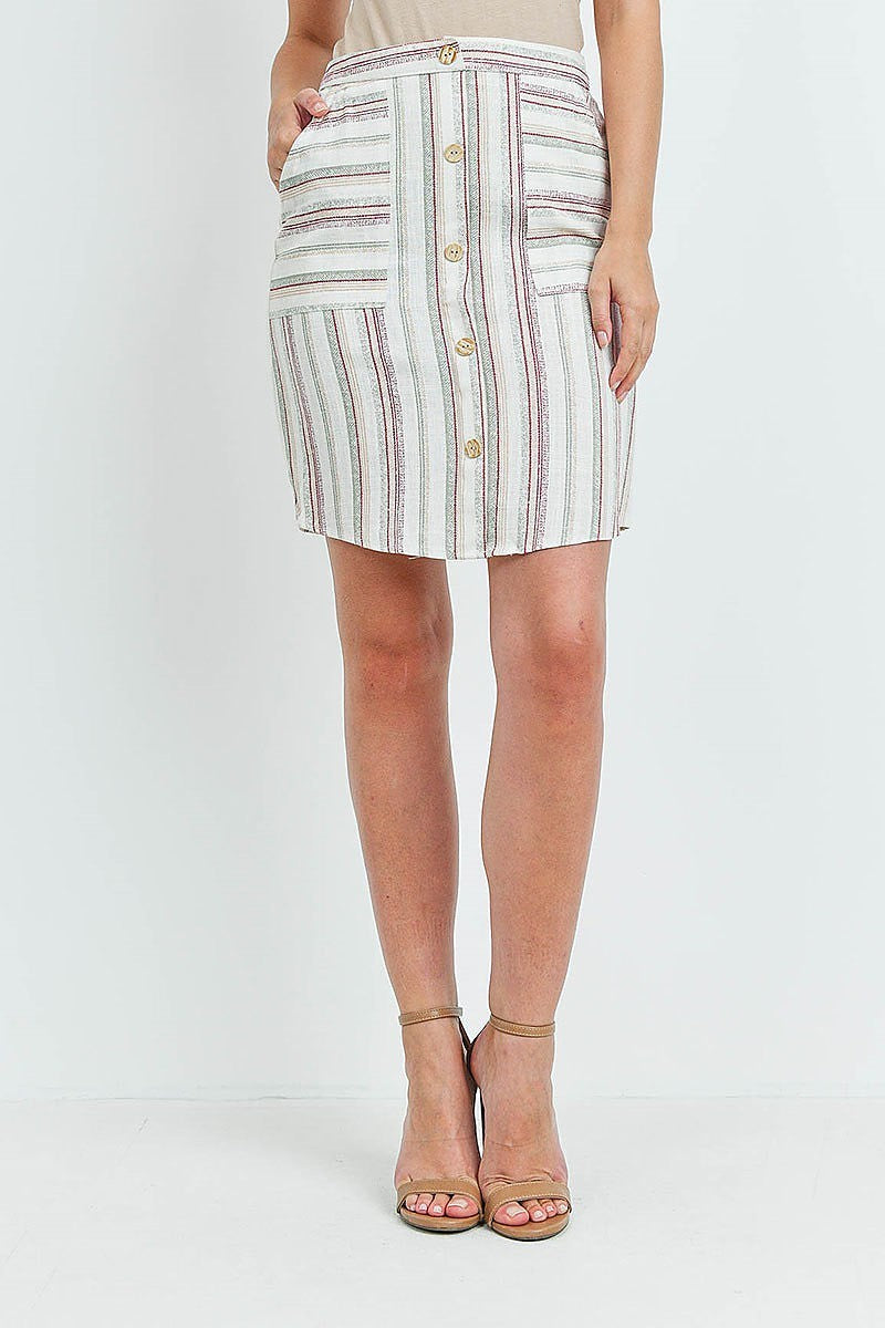 Button front pocket detail stripe pencil skirt (DGB3098)