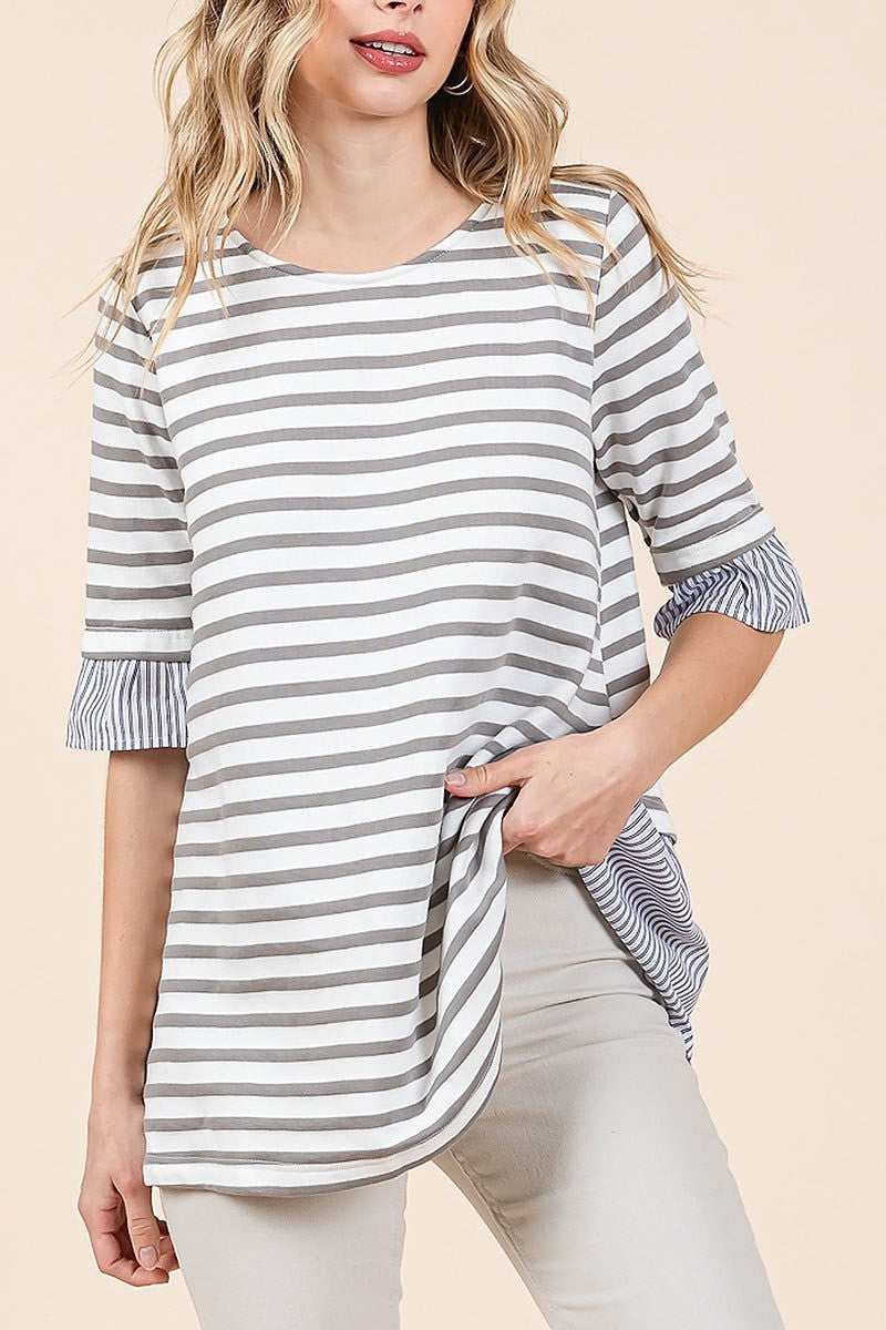 Cotton stripe lace up detail top (EDH2135)