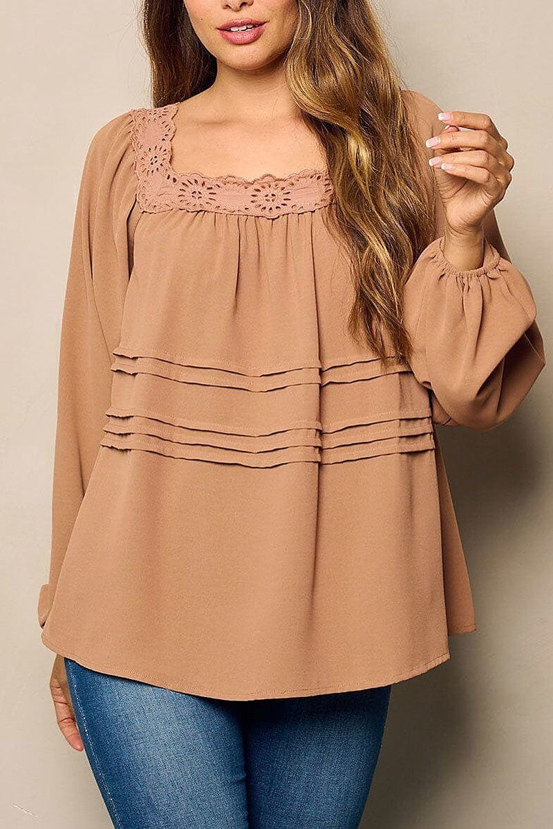 Ballon sleeve eyelet deyailed tunic blouse top (EFWT4815)