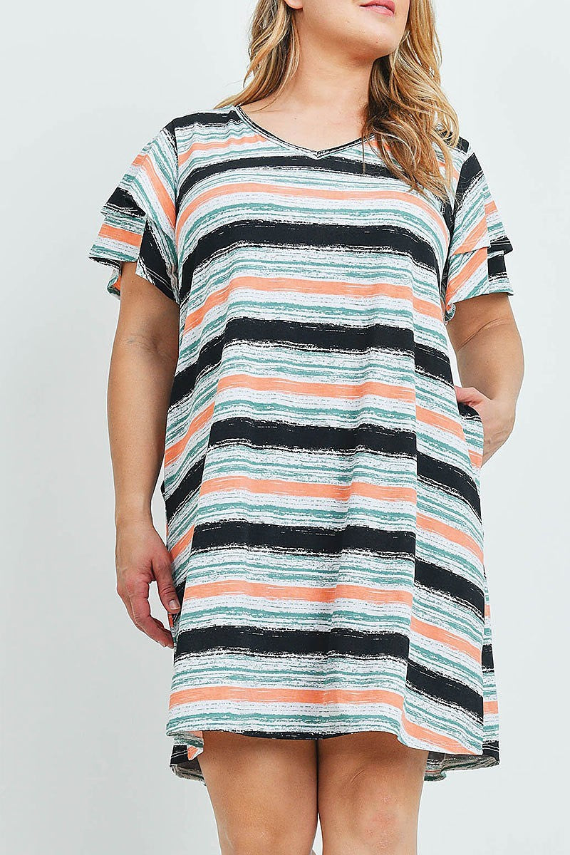 Layered ruffle sleeves v neck stripes plus size dress (XDG7121)