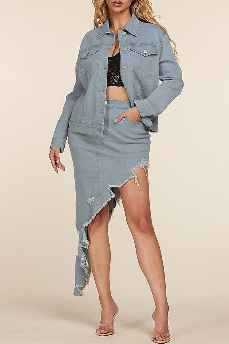 Long sleeve jacket and skirt denim set (EFWT1042)